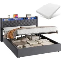 REDOM Polsterbett Hollandvelours-Bezug, mit Stauraum & Ablage (Funktionsbett, 2-tlg., Robuster Metallrahmen, Lattenrost inklusive, mit Matratze), 160x200 cm mit LED-Beleuchtung und USB-Anschlüssen