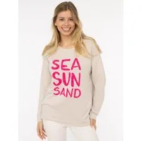 Zwillingsherz Sweater "Sea Sand Sun" Flock-Print, ausgefranster Rundhalsausschnitt, Langarm