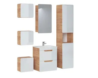 Badmöbel Set 6-tlg Badezimmerset FERMO Weiss HGL inkl. Waschtisch 50cm