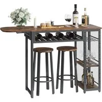 Bestier Bartisch Ausziehbarer Küchentisch mit 2 Hockern (Set, 1 Tisch und 2er-Set Hocker), Weinregal & 3 Ablagen für Küche, Esszimmer