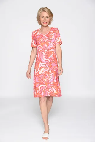 CLARINA - Rdh.-Kleid, 1/2 Arm, Druck pfirsich-pink - Gr. - 38