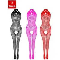 Elegant Love Bodystocking-Ouvert Fischnetz-Strumpfbody – Neckholder-Catsuit mit offenem Schritt (Packung 3 St) Elegantes Dessous S–XL – sinnliche Reizwäsche für besondere Momente