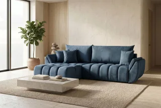 Ecksofa Schlafsofa Sofa COLLIN in Stoff Monolith Blau Ottomane Links