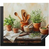 MuchoWow Herd-Abdeckplatte Töpfe - Kräuter - Holz, Vinyl, (1 tlg), Küche Herdabdeckplatte Ceranfeld Vinyl Einteilig, 59x52 cm