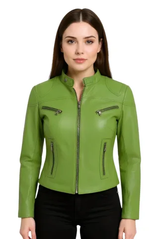 Grüne, lässige Slim-Fit-Bikerjacke aus Leder für Damen – Tulsa