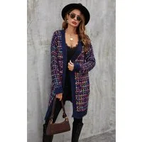 FS Collection Longstrickjacke Bouclé Strickjacke Cardigan mit Karomuster – gemütlicher Stil (Einheitsgröße: UK 8–16 / EU 36–44, 3 Farben : Cremeweiß Bunt, Marineblau Bunt und Braun Bunt) 100 % Acryl