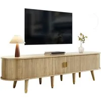 Merax Lowboard im Landhausstil mit Rattan-Schiebetür in Walnussoptik (1 St., 175 L x 38 B x 45 H), TV-Schrank mit offenen Fächern, Schubladen & Stauraum, Fernsehtisch