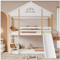 Flieks Etagenbett, Kiefer Kinderbett mit oberem Lattenrost, Rutsche und Leiter 90x200cm