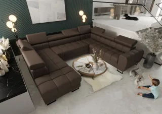 Wohnlandschaft Schlafsofa BASTIEN XL in Stoff Terra Braun Ottomane Links