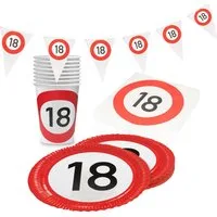 Party Factory Geschirr-Set Happy Birthday 18 – 4-tlg Partyset mit Geschirr und Wimpelkette, 8 Personen, im witzigen witzige Verkehrsschilder-Design