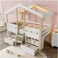 Ulife Kinderbett Halbhohes Bett Hausbett mit App-gesteuerter LED-Beleuchtung (Ohne Matratze), Hochbett in Hausform, mit 2 Schubladen
