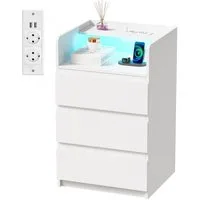 BEWISHOME Nachttisch mit LED-Beleuchtung, Steckdosen & USB-Anschlüssen, 40x35x68cm (1-St), Moderner Schlafzimmerschrank mit Stauraum