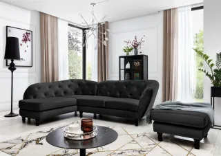 Ecksofa inkl.Hocker CHARLOTTE in Stoff Matt Velvet Schwarz Ottomane Links
