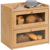 relaxdays Brotkasten Bambus 2 Etagen Sichtfenst, Bambus, natur