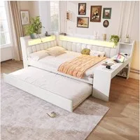 Flieks Daybett, Polsterbett 140x200cm mit Ausziehbett 90x190cm, USB, LED, Schreibtisch