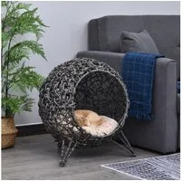 PawHut Tierhaus Katzenhöhle aus PE-Rattan mit Kissen, erhöhten Füßen PE-Rattan, für Katzen, Silbergrau