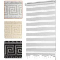 Doppelrollo mit Perlen, Mäander Ornamente Design, Bailena, Lichtschutz, ohne Bohren, freihängend, Klemmfix, glitzernd, Gardine mit Volant-Bordüre