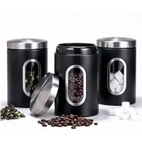 HEYHIPPO Kaffeedose 3er Set Kaffeedosen Edelstahl – luftdicht, mit Sichtfenster, 17,5×11cm, (Set, zur Aufbewahrung von Kaffee, Tee, Zucker, für Küche & Vorrat), Luftdichte Vorratsdosen,mit Deckel,für Nüsse & Kekse, schwarz