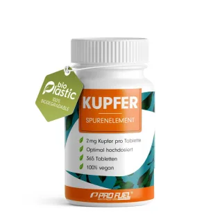 ProFuel Kupfer | 365 Tabletten | hochdosiert | 2 mg bioaktives Kupfer pro Tablette | Jahresvorrat | vegan