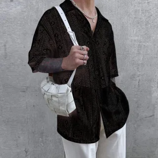 INCERUN Men's Hollow Lace Loose Short Sleeve Shirts