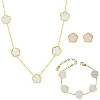 MOPUEA Schmuckset Kleeblatt Schmuck-Set Armband Halskette & Ohrringe mit Geschenkbox (für Hochzeit Geburtstag Jahrestag, 3-tlg), Edelstahl Halskette Ohrstecker Armband mit Zweiseitig Anhänger