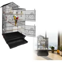 FIVMEN Vogelkäfig Papageienkäfig Vogelvoliere Vogelhaus Käfig mit Spielzeug, Rollen, Schwarz Kanarienvögelkäfig 46x35,5x99cm