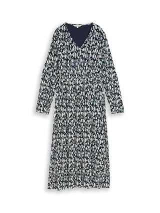 Tom Tailor - Crinkle Midi-Kleid mit Muster blue ginkgo minimal - Gr. - 36