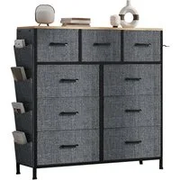 FUROKOY Kommode Stauraumschrank,Schrank Schlafzimmer,Metallrahmen,Retro Stil, Grau Vliesstoff,9 Schubladen