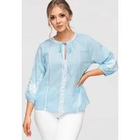 OMBRE Hemdbluse Damen Bluse Baumwolle Boho Stickerei Blau L (kein Set, 1-tlg) Ajour-Einsätze, Stickereien, Knopfleiste