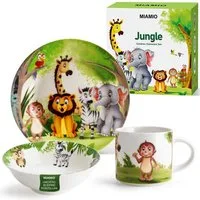 MiaMio Kindergeschirr-Set Jungle Motiv Grün (3-tlg), 1 Personen, Keramik, Teller, Schüssel und Tasse mit Kindermotiv