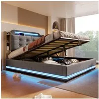 TavilaEcon Boxspringbett aus Leinenstoff und MDF-Umweltplatten, mit LED-Lichtleiste, mehrere Ablagefächer, ohne Matratze, 140×200cm