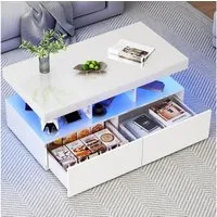 Simurq Couchtisch Hochglanz LED‑Couchtisch mit Schubladen & offenem Fach, 104x53x46 cm