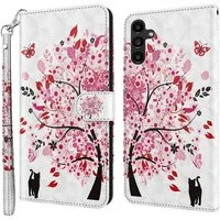 CLM-Tech Handytasche für Samsung Galaxy A35 5G Hülle Tasche aus Kunstleder Klapphülle (Baum rosa weiß, Handyhülle Wallet Flip Case Cover Etui), Schutzhülle mit Standfunktion, Kartenfächer, und Magnetverschluss