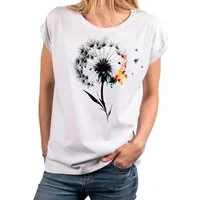 MAKAYA T-Shirt Damen-Top mit Pusteblumen-Print – florales Sommer-Shirt aus Baumwolle (Weiß, Rosa, Hellgrau, 34, 36, 38, 40, 42, 44, 46, 48, 50) Baumwolle