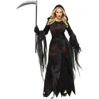 Fun World Kostüm Sensenfrau - Karneval Faschingskostüm Damen, Blutig-schwarzes Schnitterkostüm für die Todesdämonin