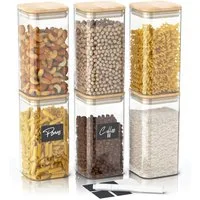 Arendo Aufbewahrungsbecher Glasbehälter-Set 6x 1,65L Borosilikat, Deckel, Aufklebern & Textmarker, Borosilikatglas, Bambus, Silikon, (Vorratsbehälter-Set, 6-tlg., 6er Set), Hitzebeständig, luftdicht, mikrowellengeeignet, spülmaschinenfest
