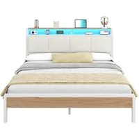 KIMENICH Polsterbett mit RGB-LED-Beleuchtung und Ladestation, Plattformbett Doppelbett (Ohne Matratze), Offenes Kopfteilfach mit Steckdosen, 105° Neigung, 160x200cm
