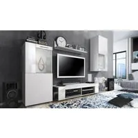 Vladon Wohnwand Movie, (Anbauwand, bestehend aus 1 TV-Board, 2 Vitrinen und 1 Regal), Weiß matt/Weiß matt/Weiß Hochglanz (Gesamt: 300 x 190 x 39 cm)