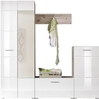 HBZ Kompaktgarderobe SIXX Weiß Hochglanz, Flurgarderobe mit Spiegel, BxHxT 195x195x36 cm (1-St) Mit Hochschrank mit Spiegel, Bank, Paneel und Kommode