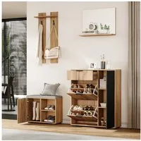 Flieks Garderoben-Set Garderobe mit 1 Spiegel, 2 Haken, Schuschrank und Sitzbank, (Set, 4-St), Flurmöbel-Set Schuhbank mit Sitzkissen, Schuhkommode mit 2 Klappen