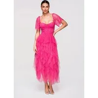 OMBRE Abendkleid Cocktailkleid Spitze Tüll Midi Fuschia L (kein Set, 1-tlg) Mehrlagiger Tüllrock, florale Spitze