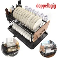 oyajia Geschirrständer 2-Stufiges Abtropfgestell Geschirr, Geschirrabtropfgestell Küche, Zubehör für mit Tassenhalter,Utensilienhalter und Drainageplatt-360°Abfluss, Multifunktionales Platzsparender Abtropfgestell, 42x30x30 cm