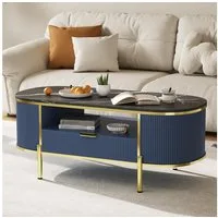 GarveeMore Couchtisch Moderner Luxus-Beistelltisch mit geschwungenem Design 122x56x48cm, geriffeltem Korpus,Tischplatte in Marmoroptik goldenen Metalldetails