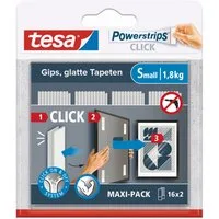 tesa Klebehaken, (Packung, 1-St., 32 Strips zum An- und Abklicken von Bildern oder Wanddeko), Größe S, starker Halt ohne Bohren, wiederablösbar, mehrfach verwendbar