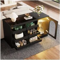 Flieks Kommode mit 6 Schubladen, 1 Hohlschranktür und LED-Beleuchtung (B120/T40/H75 cm, 1 St., Oberseit aus Glas, Schrank für Schlafzimmer, Wohnzimmer, Esszimmer), Schubladenschrank Mehrzweckschrank Sideboard Holz Schwarz