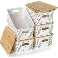 BlingBin Aufbewahrungsbox 6er-Set Aufbewahrungskorb mit Bambus Deckel, 5L Kunststoff Korb (6er Set, 6 St., 25,4 × 18,4 × 10,7 cm), Küchen Aufbewahrungsboxen für Regale, Schränke, Schränke und Zuhause