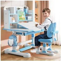 Rutaqian Kinderschreibtisch Kinder-Schreibtisch- und Stuhl-Set,Höhenverstellbar mit Sitzkorrektur (Multifunktionsschreibtisch mit Leseständer,Schublade,Rucksackhaken, 1-St., Ergonomischer Schreibtisch-Stuhl Set,Zonenförmig gestalteter Stauraum), Vers