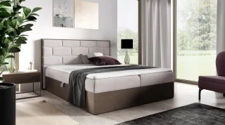 Boxspringbett Bett BEILA 200x200cm Dunkel Eiche Stoff Hellbeige inkl. Bettkasten