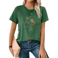 PYLIKE Rundhalsshirt Damen Frühling Casual bequemes t shirt mit Blumen Print-Shirt Bequem für Freizeit und Büro,Strandurlaub