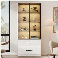 Merax Glasvitrine mit LED-Beleuchtung (60x40x160cm, 1-St., für Wohnzimmer Schlafzimmer) Vitrine mit 2 Schubladen, Hochschrank Stehend Vitrinenschrank